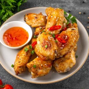Baked chicken wings served with sweet chili sauce and fresh herbs. Selective focus.