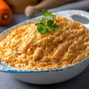 Turkish foods; Fresh carrot salad with garlic yogurt in bowl. ( Turkish name; havuc tarator)